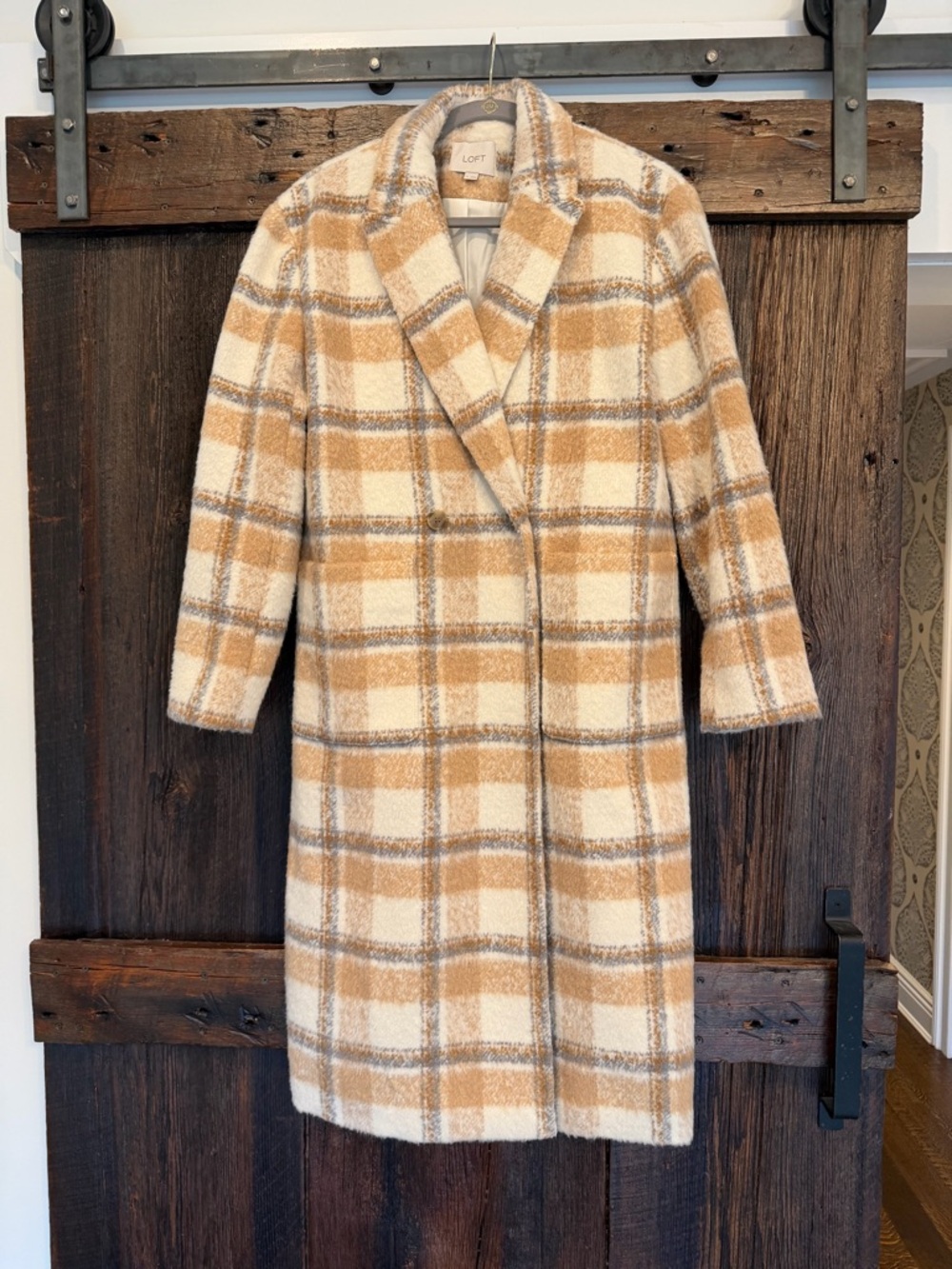 LOFT Cream & Tan Plaid Wool-Blend Pea Coat